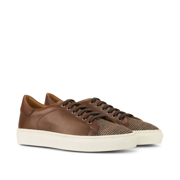 Ambrogio 3823 Bespoke Custom Men's Shoes Beige & Brown Fabric / Calf-SKin Leather Casual Sneakers (AMB1576)-AmbrogioShoes