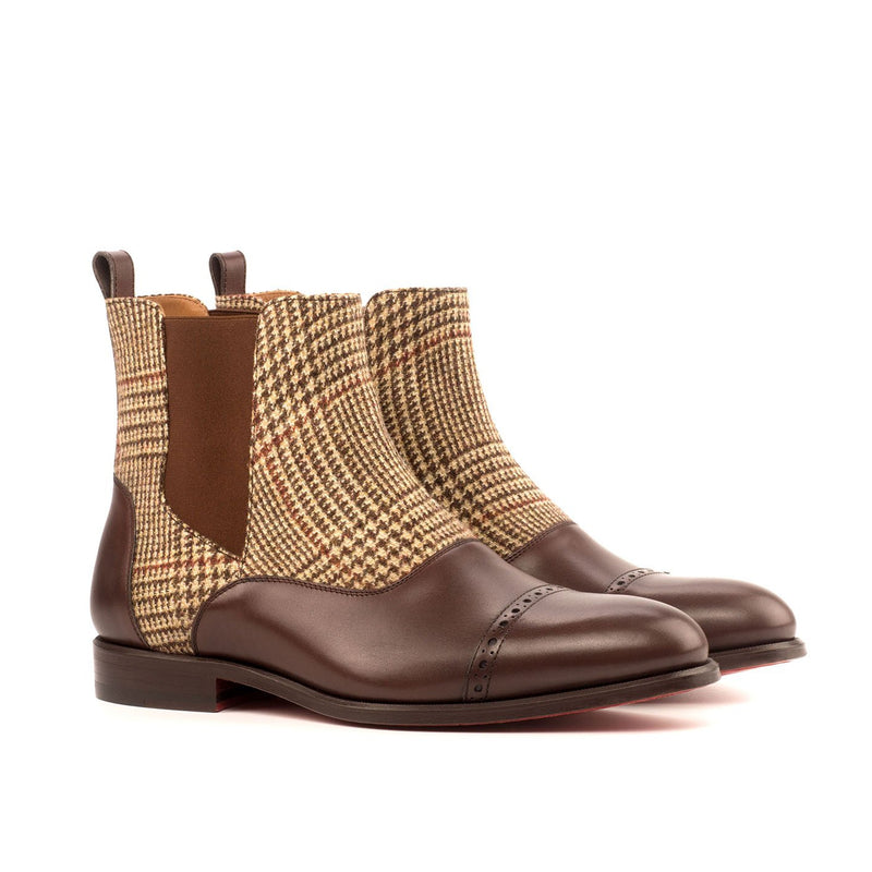 Ambrogio 4026 Bespoke Custom Men's Shoes Beige & Brown Fabric / Calf-Skin Leather Chelsea Boots (AMB1716)-AmbrogioShoes