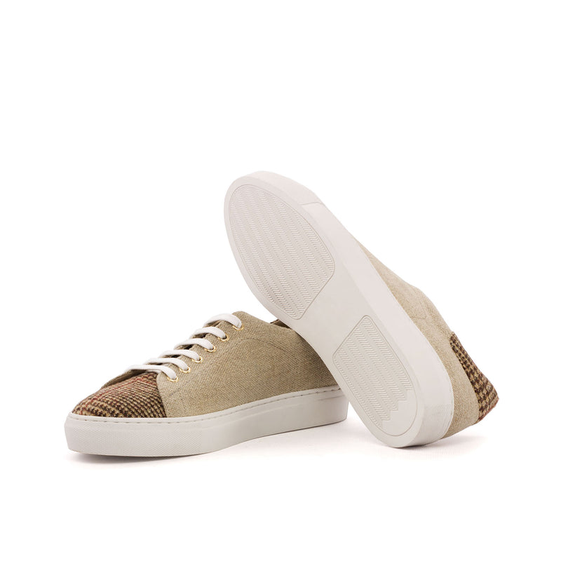 Ambrogio 3550 Bespoke Custom Men's Shoes Beige & Brown Linen / Tweed Sartorial Fabric Casual Trainer Sneakers (AMB1344)-AmbrogioShoes