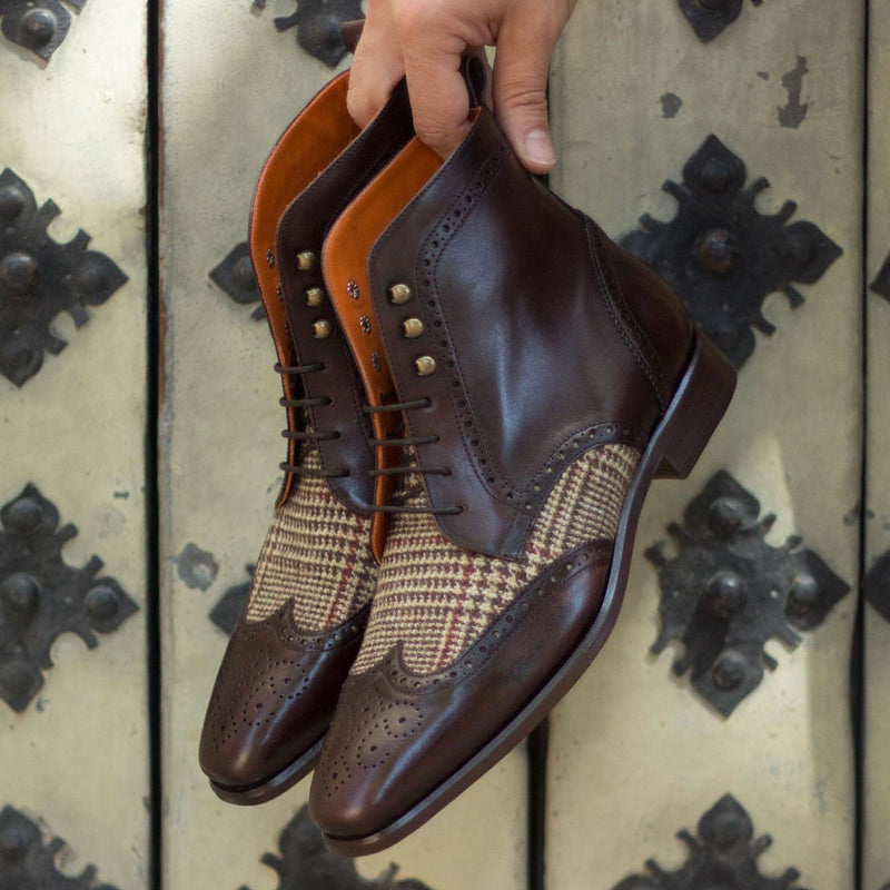 Ambrogio 2125 Bespoke Custom Men's Shoes Beige & Dark Brown Fabric / Calf-Skin Leather Military Brogue Boots (AMB1512)-AmbrogioShoes