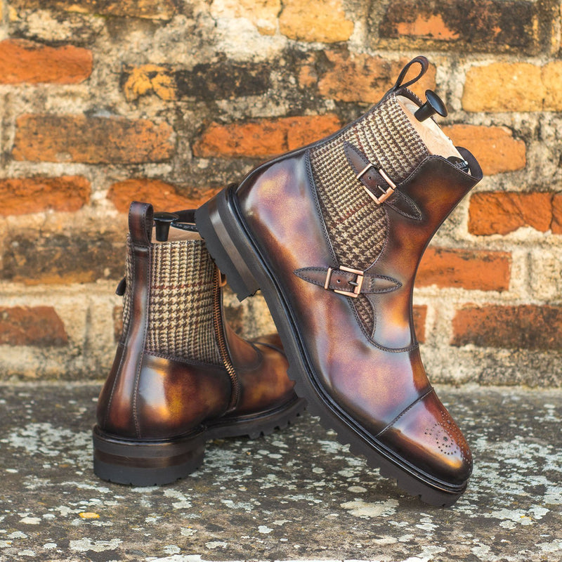 Ambrogio 4564 Bespoke Custom Men's Shoes Beige & Fire Orange Fabric / Patina Leather Buckle Boots (AMB1800)-AmbrogioShoes