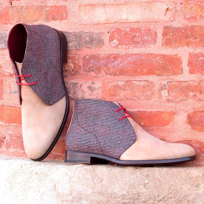 Ambrogio 1955 Bespoke Custom Men's Shoes Beige & Gray Fabric / Suede Leather Chukka Boots (AMB1739)-AmbrogioShoes