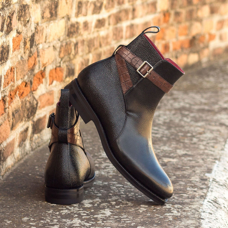 Ambrogio 3277 Bespoke Custom Men's Shoes Black & Brown Crocodile Print / Pebble Grain / Calf-Skin Leather Jodhpur Boots (AMB1451)-AmbrogioShoes