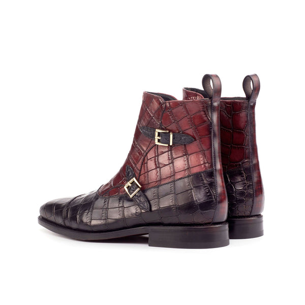 Ambrogio 4640 Bespoke Custom Men's Shoes Black & Burgundy Crocodile Print / Calf-Skin Leather Buckle Boots (AMB1826)-AmbrogioShoes