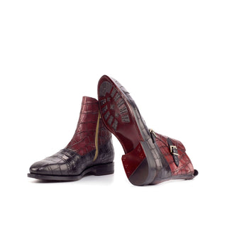 Ambrogio 4640 Bespoke Custom Men's Shoes Black & Burgundy Crocodile Print / Calf-Skin Leather Buckle Boots (AMB1826)-AmbrogioShoes
