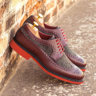 Ambrogio 4554 Bespoke Custom Men's Shoes Black & Burgundy Fabric / Calf-Skin Leather Wingtip Oxfords (AMB1806)-AmbrogioShoes