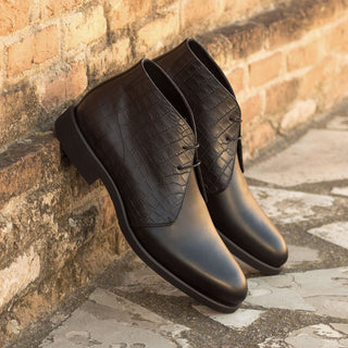 Ambrogio 3212 Bespoke Custom Men's Shoes Black Corcodile Print / Box Calf-Skin Leather Chukka Boots (AMB1572)-AmbrogioShoes