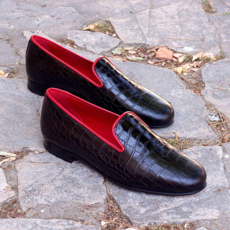 Ambrogio 2214 Bespoke Custom Men's Shoes Black Crocodile Print / Calf-Skin Leather Wellington Slip-On Loafers (AMB1682)-AmbrogioShoes