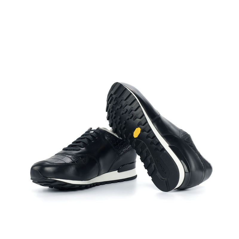 Ambrogio 4521 Bespoke Custom Men's Shoes Black Crocodile Print / Polished Calf-Skin Leather Jogger Sneakers (AMB1737)-AmbrogioShoes