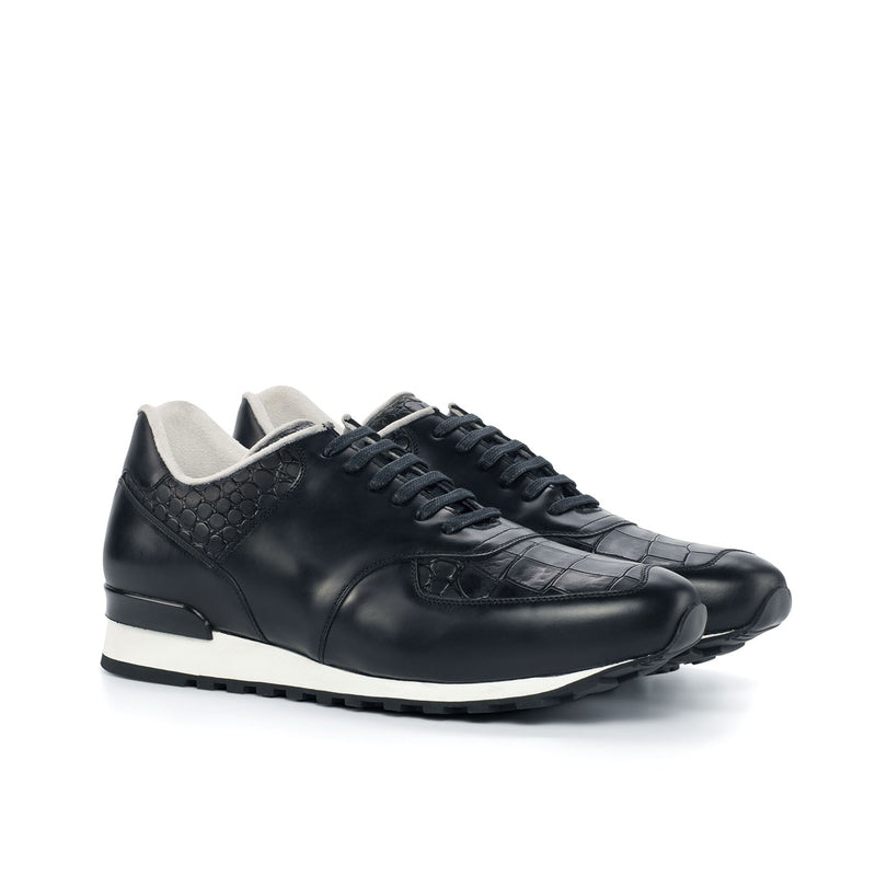 Ambrogio 4521 Bespoke Custom Men's Shoes Black Crocodile Print / Polished Calf-Skin Leather Jogger Sneakers (AMB1737)-AmbrogioShoes