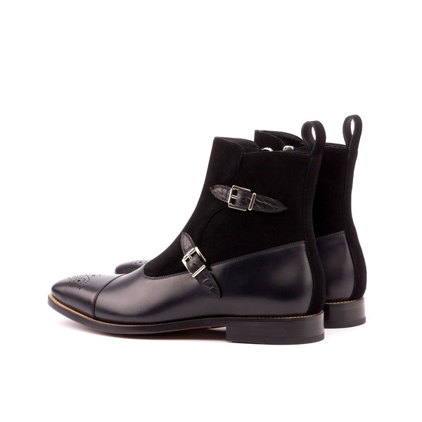 Ambrogio 3911 Bespoke Custom Men's Shoes Black Crocodile Print / Suede / Polished Leather Buckle Boots (AMB1804)-AmbrogioShoes