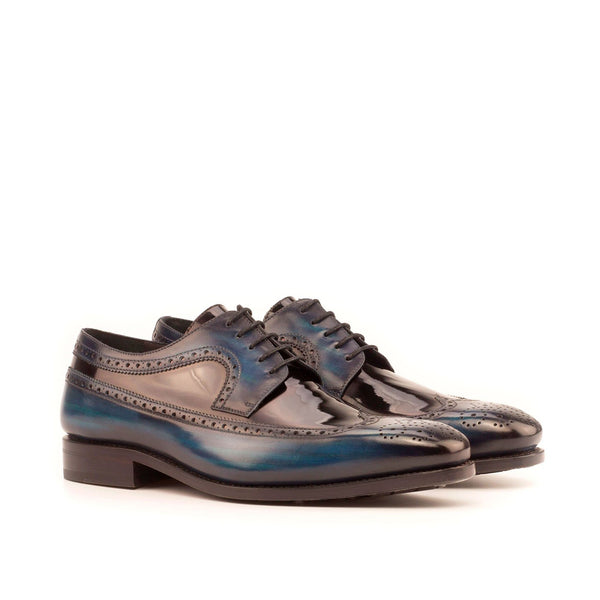 Ambrogio 3948 Bespoke Custom Men's Shoes Black & Denim Blue Patent / Patina Leather Longwing Blucher Oxfords (AMB1381)-AmbrogioShoes