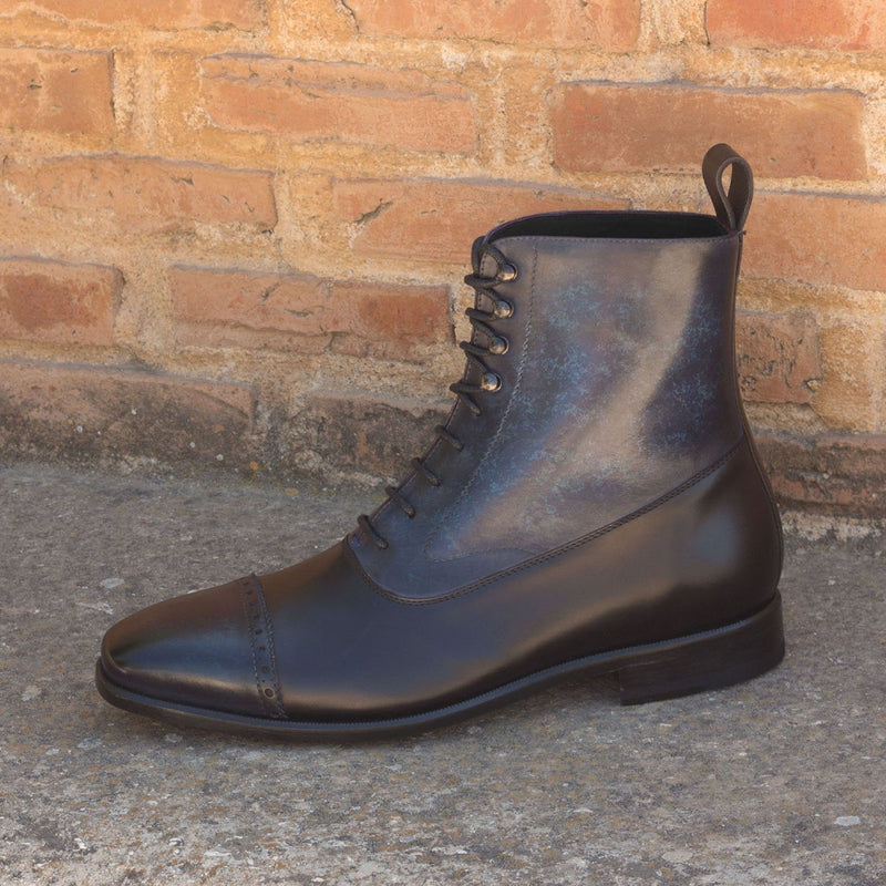Ambrogio 2914 Bespoke Custom Men's Shoes Black & Denim Blue Patina / Polished Calf-Skin Leather Monk-Straps Loafers (AMB1747)-AmbrogioShoes