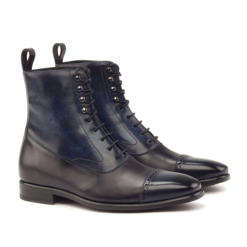 Ambrogio 2914 Bespoke Custom Men's Shoes Black & Denim Blue Patina / Polished Calf-Skin Leather Monk-Straps Loafers (AMB1747)-AmbrogioShoes