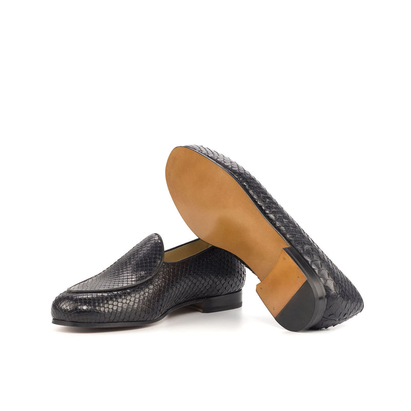 Ambrogio 4614 Bespoke Custom Men's Shoes Black Exotic Snake-Skin / Calf-Skin Leather Belgian Loafers (AMB1813)-AmbrogioShoes