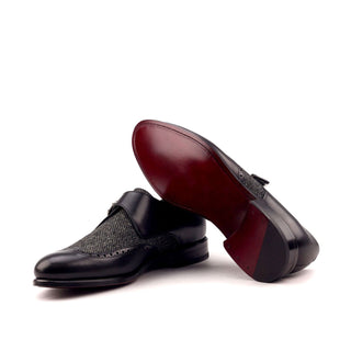Ambrogio 2539 Bespoke Custom Men's Shoes Black Fabric / Calf-Skin Leather Monk-Strap Loafers (AMB1435)-AmbrogioShoes