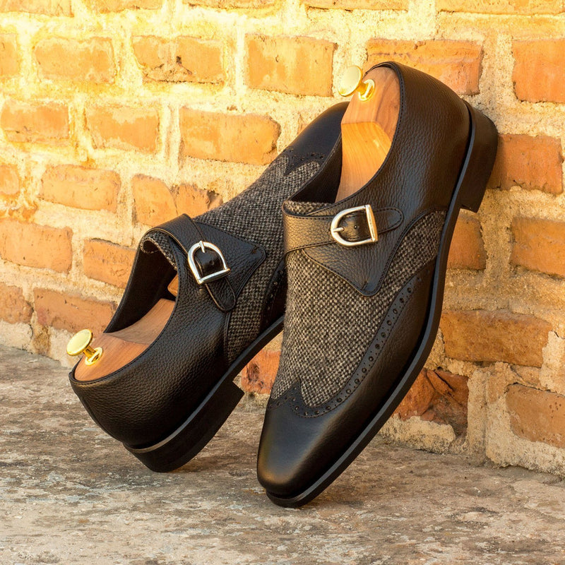 Ambrogio 3469 Bespoke Custom Men's Shoes Black Fabric / Full Grain Calf-Skin Leather Monk-Strap Loafers (AMB1493)-AmbrogioShoes