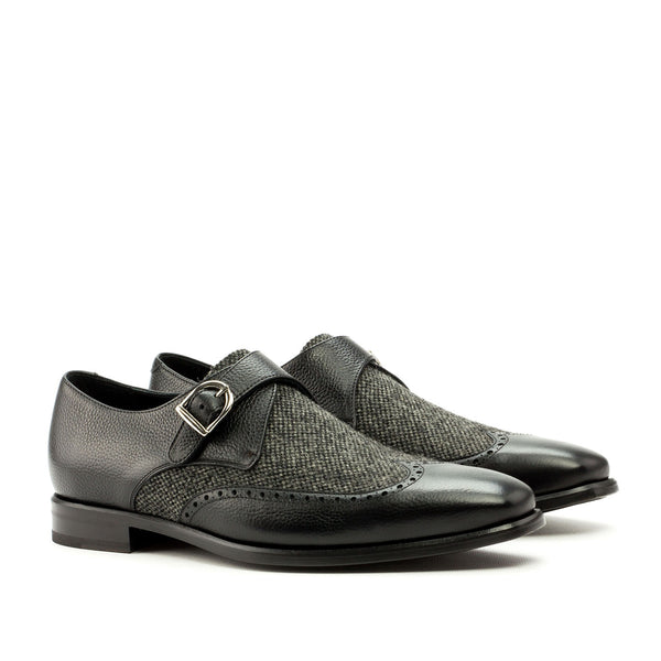 Ambrogio 3469 Bespoke Custom Men's Shoes Black Fabric / Full Grain Calf-Skin Leather Monk-Strap Loafers (AMB1493)-AmbrogioShoes