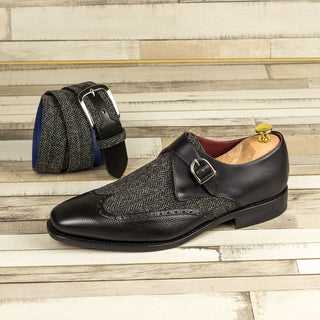 Ambrogio 4578 Bespoke Custom Men's Shoes Black Fabric / Pebble Grain / Calf-Skin Leather Monk-Strap Loafers (AMB1833)-AmbrogioShoes