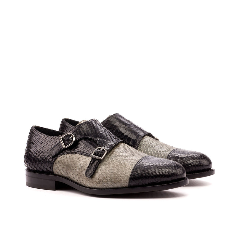 Ambrogio 3926 Bespoke Custom Men's Shoes Black & Gray Exotic Snake-Skin Monk-Straps Sneakers (AMB1397)-AmbrogioShoes
