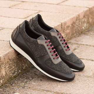 Ambrogio 3176 Bespoke Custom Men's Shoes Black & Gray Fabric / Calf-Skin Leather Corsini Casual Sneakers (AMB1591)-AmbrogioShoes