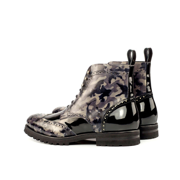 Ambrogio 4354 Bespoke Custom Men's Shoes Black & Gray Patent / Patina Leather Military Brogue Boots (AMB1502)-AmbrogioShoes