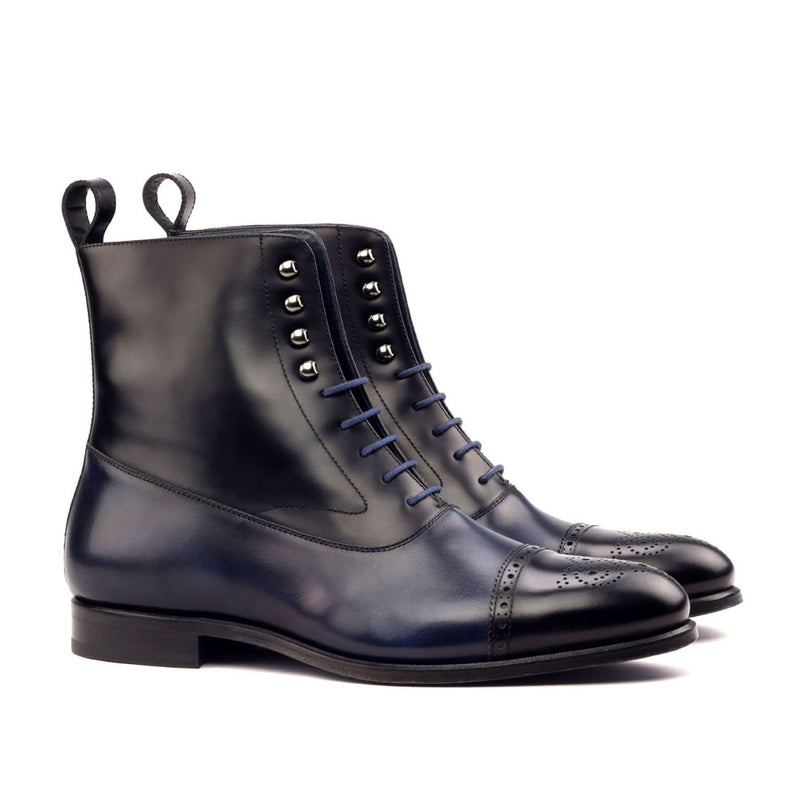 Ambrogio 2584 Bespoke Custom Men's Shoes Black & Navy Calf-Skin Leather Balmoral Boots AMB1734)-AmbrogioShoes