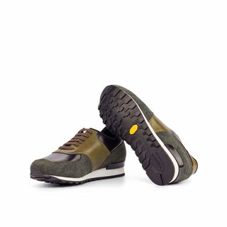 Ambrogio 4600 Bespoke Custom Men's Shoes Black & Olive Fabric / Polished / Calf-Skin Leather Jogger Sneakers (AMB1855)-AmbrogioShoes