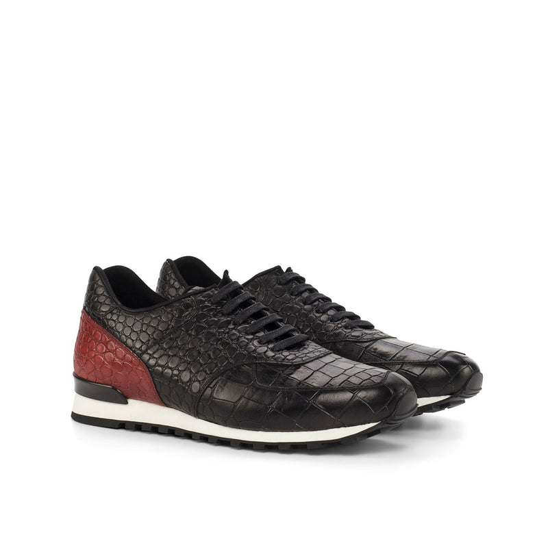 Ambrogio 4476 Bespoke Custom Men's Shoes Black & Red Crocodile Print / Calf-Skin Leather Jogger Casual Sneakers (AMB1693)-AmbrogioShoes