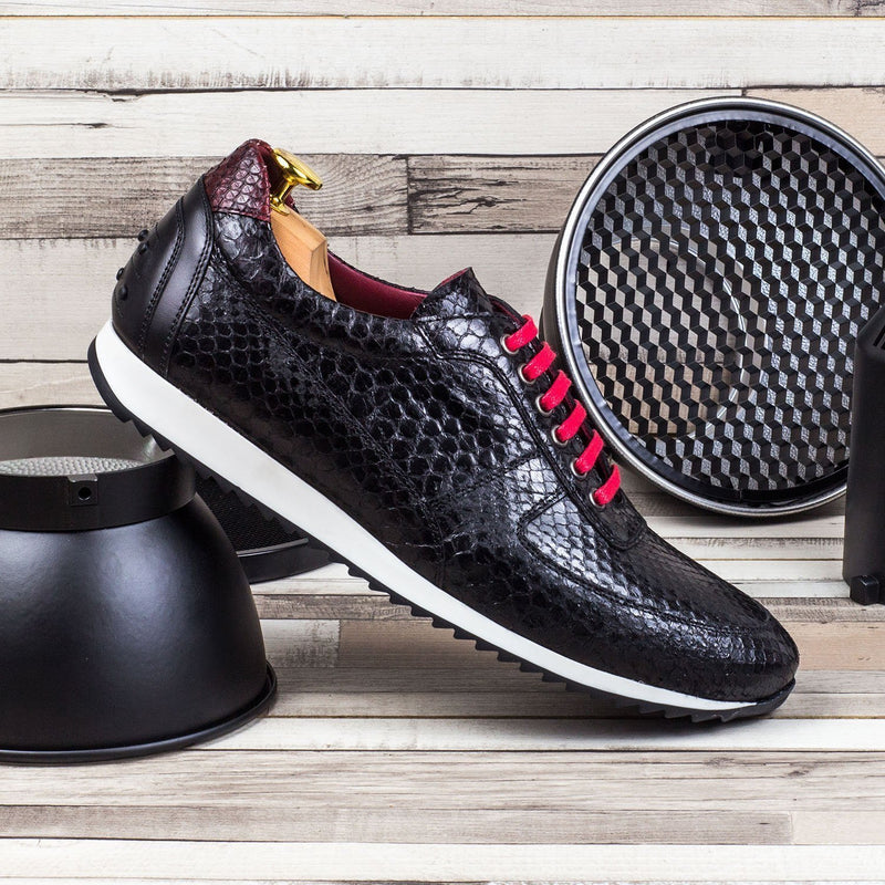 Ambrogio 4296 Bespoke Custom Men's Shoes Black & Red Exotic Snake-Skin / Calf-Skin Leather Corsini Casual Sneakers (AMB1445)-AmbrogioShoes