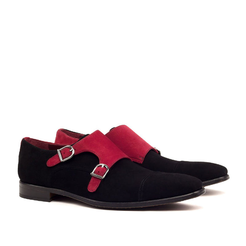 Ambrogio 2453 Bespoke Custom Men's Shoes Black & Red Suede Leather Monk-Straps Loafers (AMB1544)-AmbrogioShoes