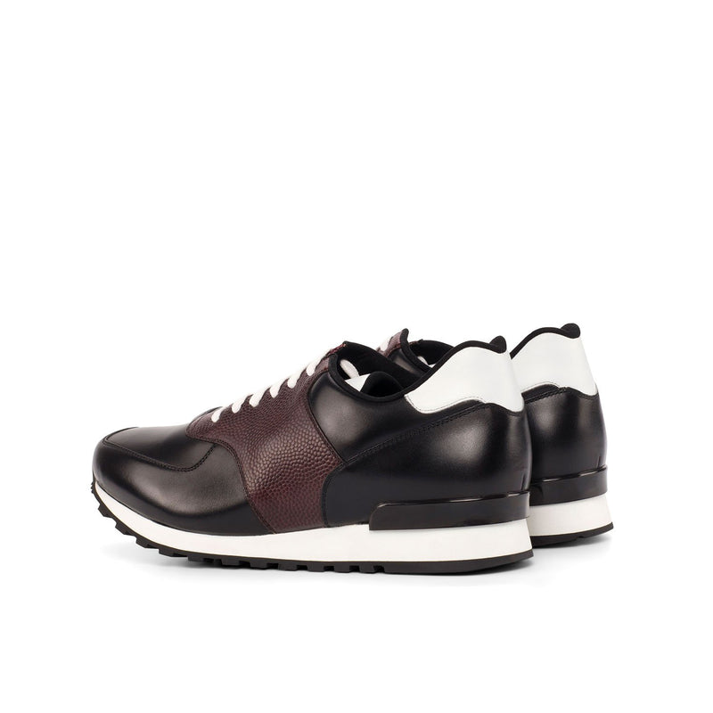 Ambrogio 4480 Bespoke Custom Men's Shoes Black, White & Burgundy Pebble Grain / Calf-Skin Leather Jogger Sneakers (AMB1858)-AmbrogioShoes
