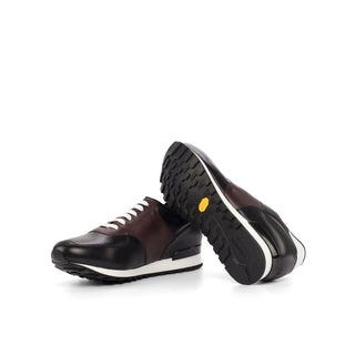 Ambrogio 4480 Bespoke Custom Men's Shoes Black, White & Burgundy Pebble Grain / Calf-Skin Leather Jogger Sneakers (AMB1858)-AmbrogioShoes