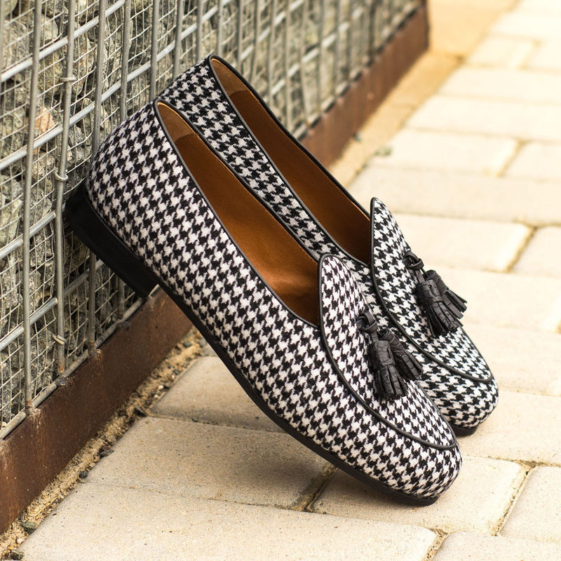 Ambrogio 4355 Bespoke Custom Men's Shoes Black & White Fabric / Crocodile Print/ Calf-Skin Leather Belgian Loafers (AMB1764)-AmbrogioShoes