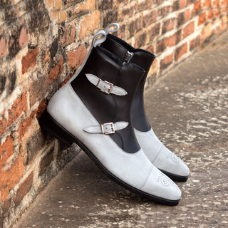 Ambrogio 4172 Bespoke Custom Men's Shoes Black & White Suede / Calf-Skin Leather Octavian Buckle Boots (AMB1392)-AmbrogioShoes