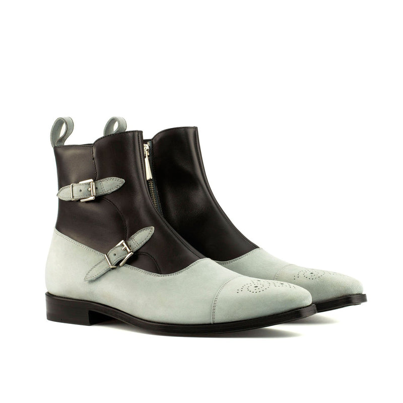 Ambrogio 4172 Bespoke Custom Men's Shoes Black & White Suede / Calf-Skin Leather Octavian Buckle Boots (AMB1392)-AmbrogioShoes