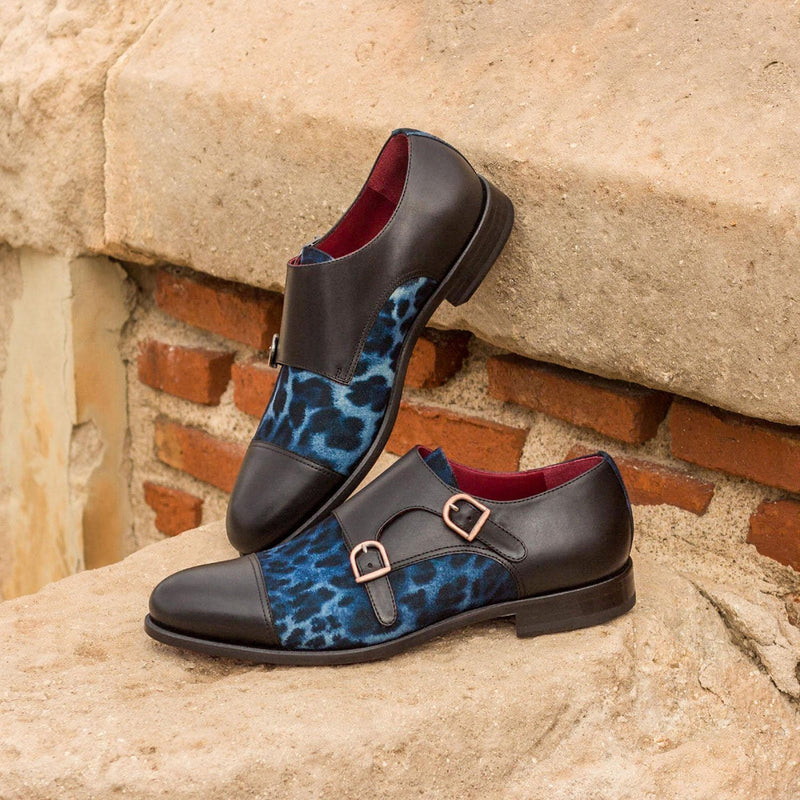Ambrogio 3007 Bespoke Custom Men's Shoes Blue & Black Leopard Sartorial / Calf-Skin Leather Monk-Straps Loafers (AMB1337)-AmbrogioShoes