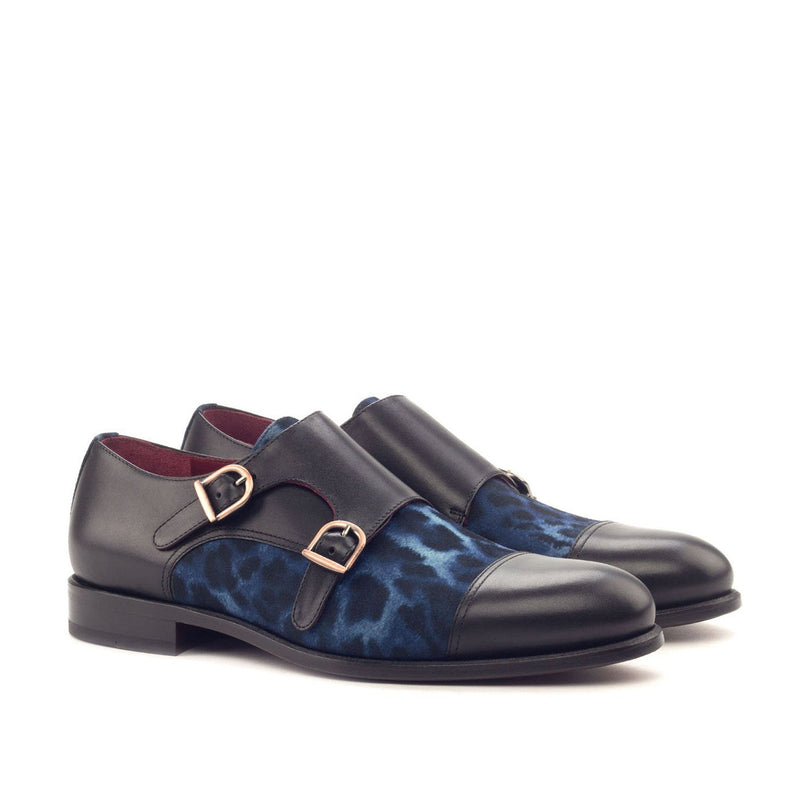 Ambrogio 3007 Bespoke Custom Men's Shoes Blue & Black Leopard Sartorial / Calf-Skin Leather Monk-Straps Loafers (AMB1337)-AmbrogioShoes