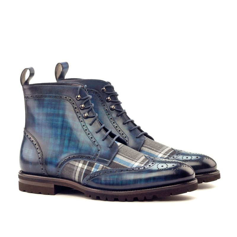 Ambrogio 2928 Bespoke Custom Men's Shoes Blue Combination Fabric / Patina Leather Military Brogue Boots (AMB1410)-AmbrogioShoes
