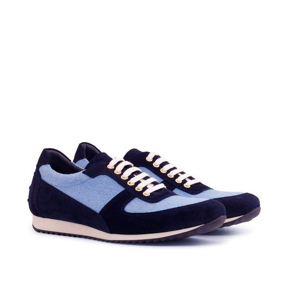 Ambrogio 4182 Bespoke Custom Men's Shoes Blue & Navy Linen / Suede Leather Corsini Casual Sneakers (AMB1597)-AmbrogioShoes