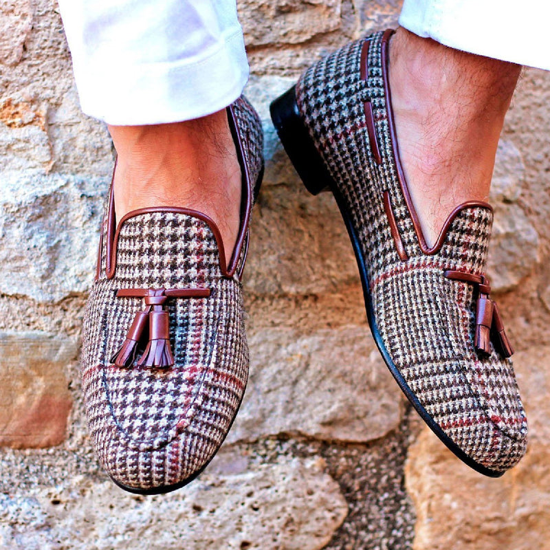 Ambrogio 1704 Bespoke Custom Men's Shoes Brown & Beige Fabric / Calf-Skin Leather Wellington Loafers (AMB1767)-AmbrogioShoes