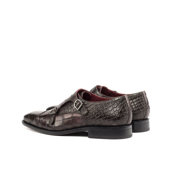 Ambrogio 4492 Bespoke Custom Men's Shoes Brown & Burgundy Crocodile Print / Calf-Skin Leather Monk-Straps Loafers (AMB1698)-AmbrogioShoes