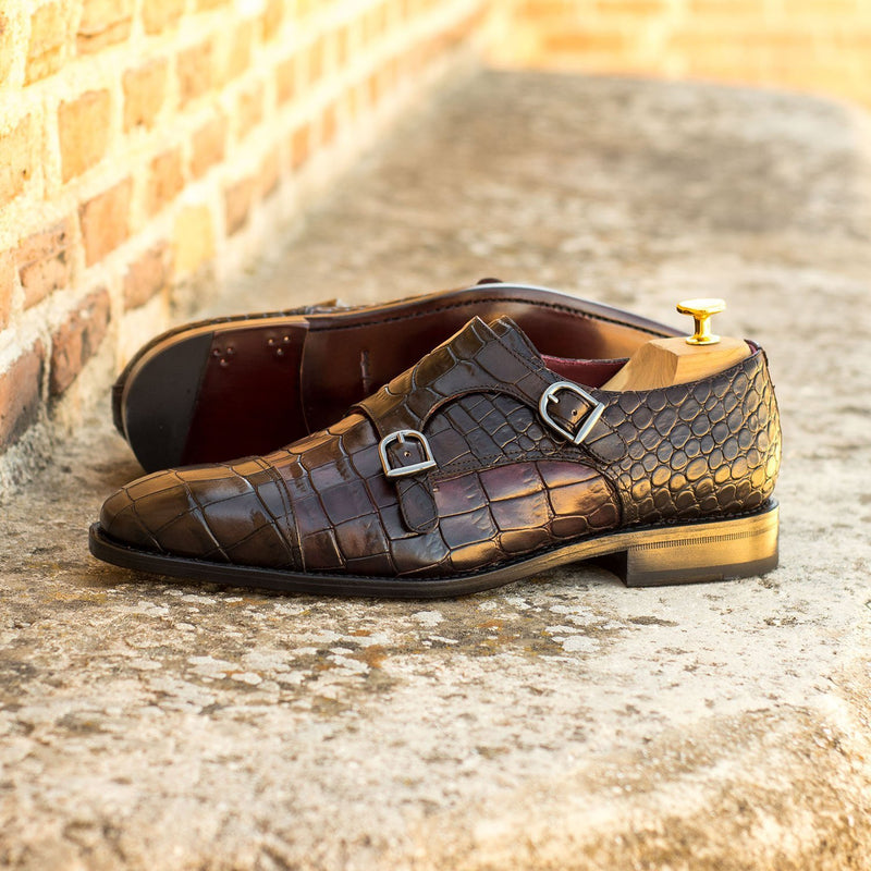 Ambrogio 4492 Bespoke Custom Men's Shoes Brown & Burgundy Crocodile Print / Calf-Skin Leather Monk-Straps Loafers (AMB1698)-AmbrogioShoes