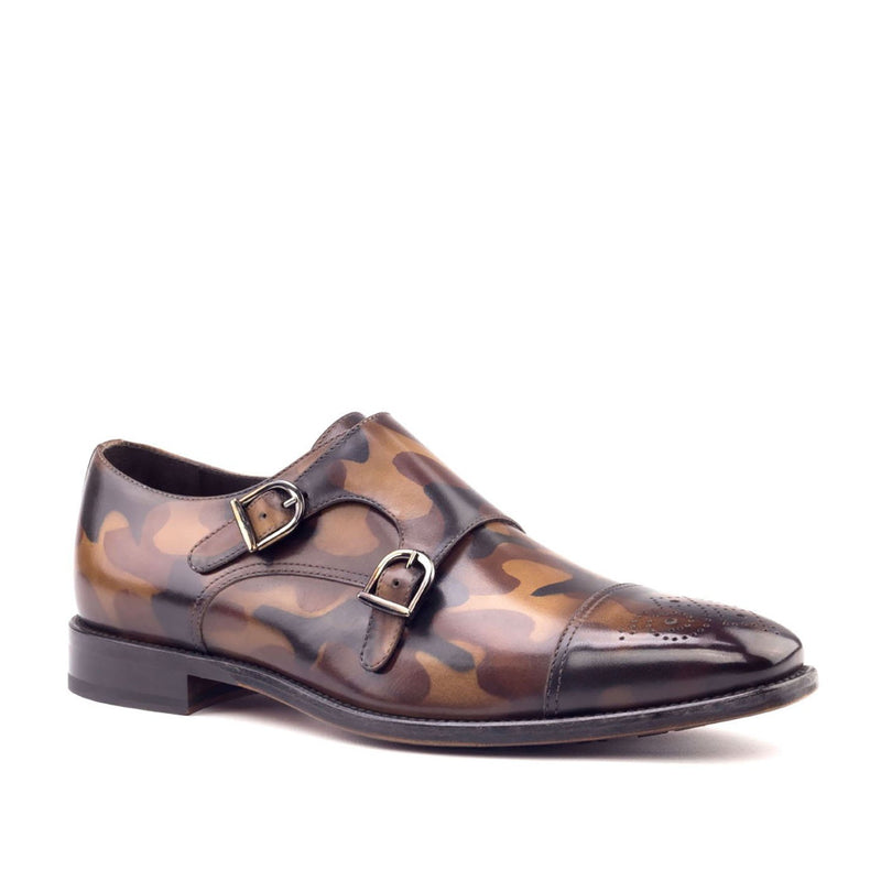 Ambrogio 2655 Bespoke Custom Men's Shoes Brown Camo Patina Leather Monk-Straps Loafers (AMB1751)-AmbrogioShoes