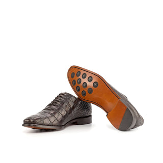 Ambrogio 4479 Bespoke Custom Men's Shoes Brown Crocodile Print / Calf-Skin Leather Whole Cut Oxfords (AMB1709)-AmbrogioShoes