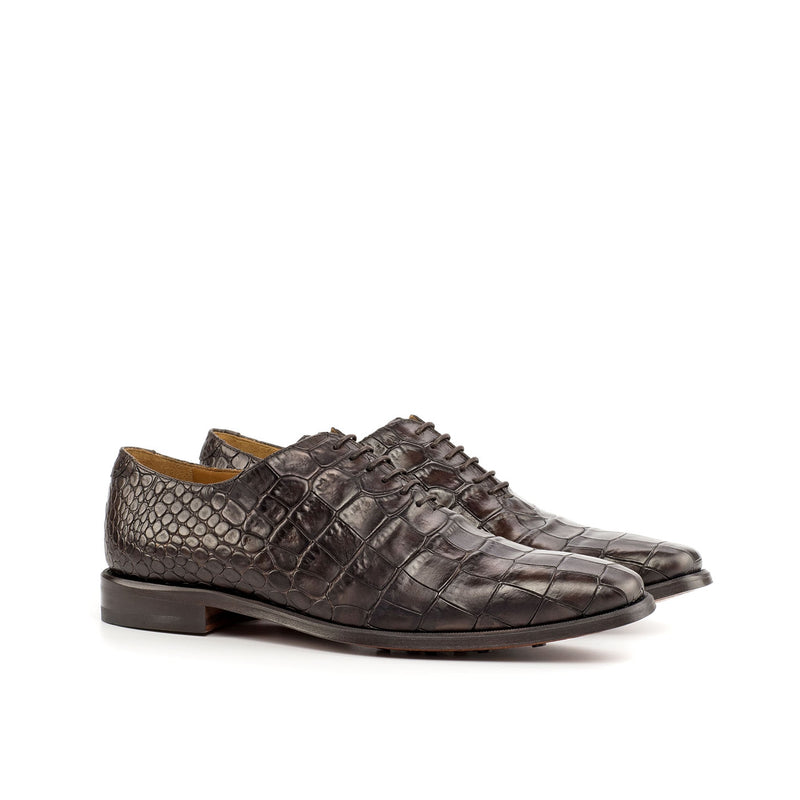 Ambrogio 4479 Bespoke Custom Men's Shoes Brown Crocodile Print / Calf-Skin Leather Whole Cut Oxfords (AMB1709)-AmbrogioShoes