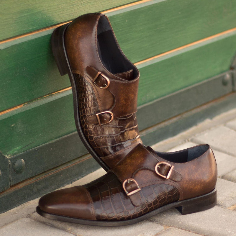 Ambrogio 1997 Bespoke Custom Men's Shoes Brown Crocodile Print / Patina Leather Monk-Straps Loafers (AMB1694)-AmbrogioShoes