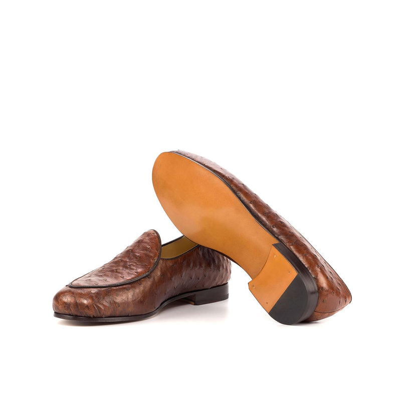 Ambrogio 4615 Bespoke Custom Men's Shoes Brown Exotic Ostrich / Calf-Skin Leather Belgian Loafers (AMB1814)-AmbrogioShoes