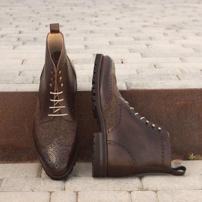 Ambrogio 2883 Bespoke Custom Men's Shoes Brown Fabric / Calf-Skin Leather Military Brogue Boots (AMB1387)-AmbrogioShoes
