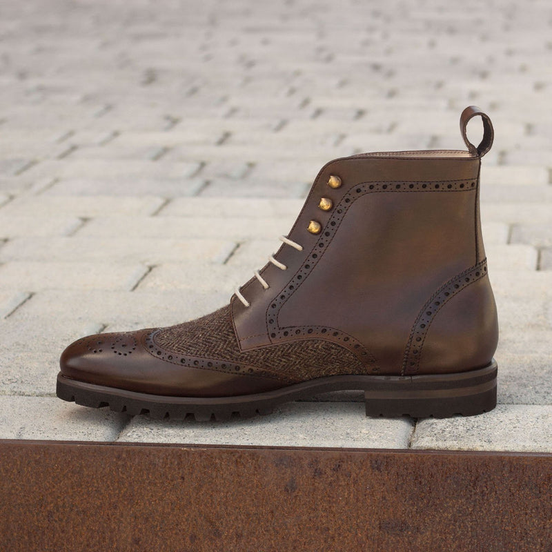 Ambrogio 2883 Bespoke Custom Men's Shoes Brown Fabric / Calf-Skin Leather Military Brogue Boots (AMB1387)-AmbrogioShoes